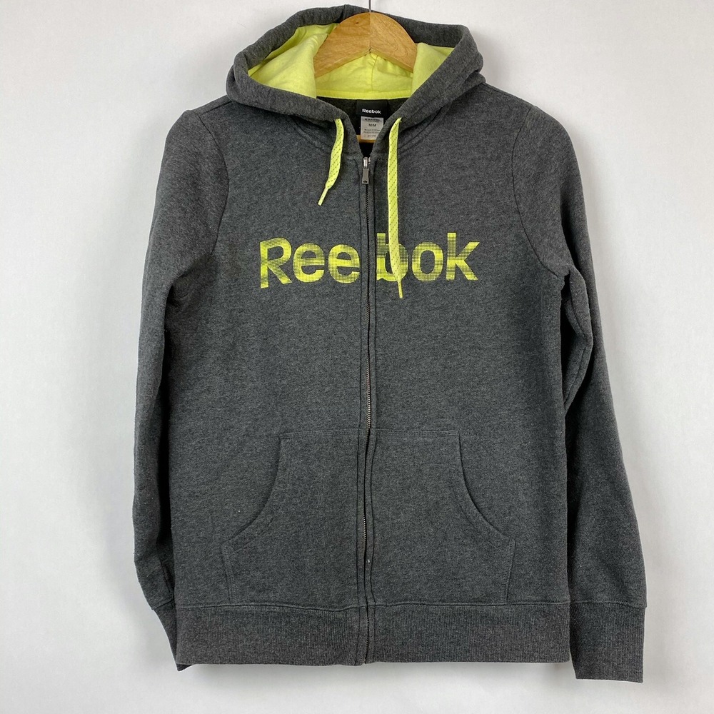 Reebok Jacket Hoodie‎ Women's Medium Gray Yellow Full Zip Athleisure Casual